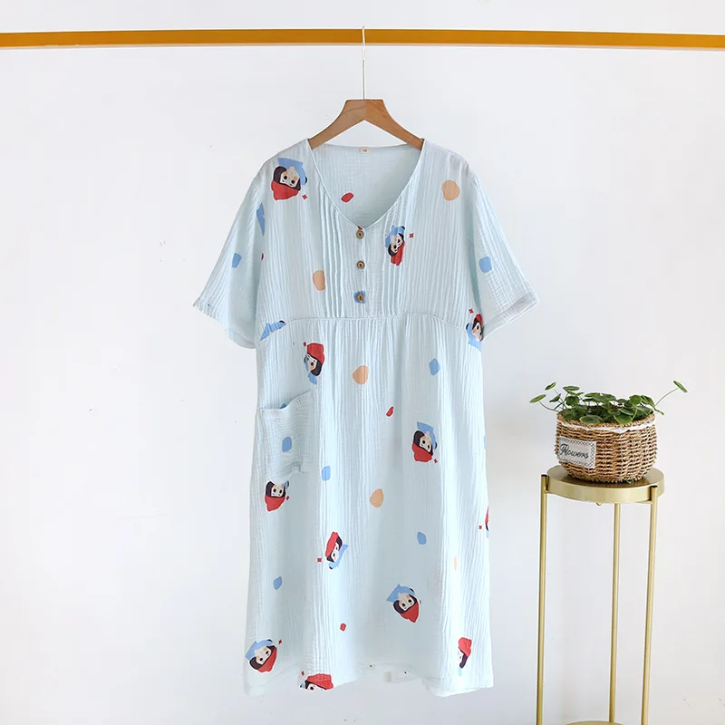 Japán 2021 új stílus női nyári rövid ujjú 100% pamut krepp ruhával haza szolgáltatás rózsaszín, egy darabból hálóingre édes szoknya Kép 4