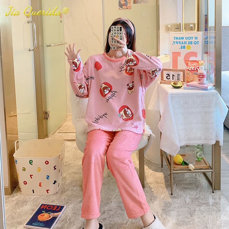 Aranyos Pizsama koreai, Japán, Kínai, Ázsiai Méret Pizsama Női Téli Hálóruha Hosszú, Fekete Medve Nyomtatás Ifjúsági Lány Pizsama Új Kép 4