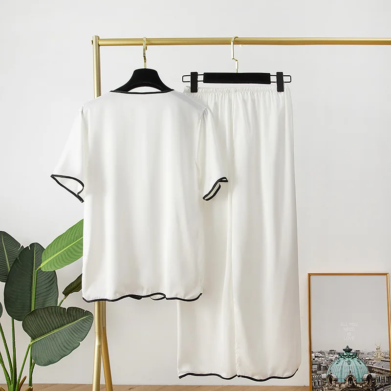 Női Pizsama Szett Hölgy Hálóruházat Hosszú Ujjú Jég Selyem Új Pizsama V-Nyakú Nadrág Őszi Divat Női Pizsama Homewear Fehér Kép 4