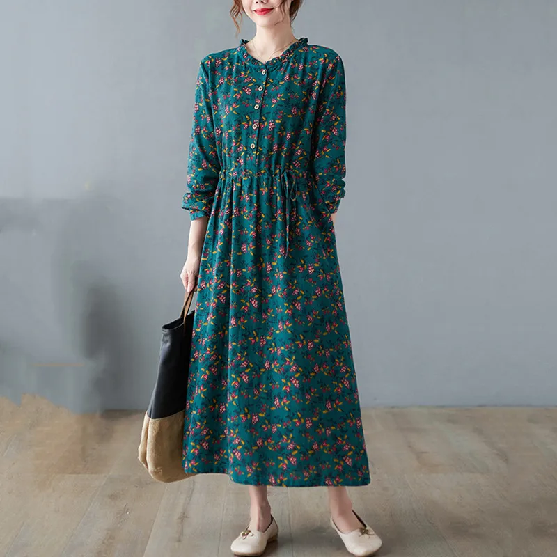 hosszú ujjú plus size pamut ágynemű vintage virágos ruha női alkalmi laza tavaszi, őszi ruha, elegáns ruha 2021 Kép 4
