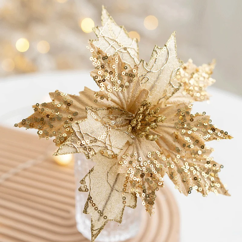 Virágok a karácsonyfa Dekoráció Mesterséges Virág Dísz, Fém Szár DIY Haza Esküvői Xmas Party Dekoráció Kép 4