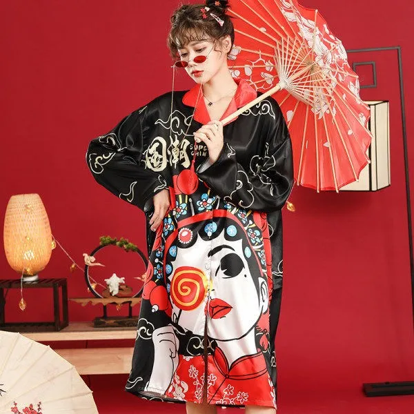 Plus Size Nők Hálóingre Hálóruházat Újdonság Nyomtatás Hálóing Kínai Stílusú Hálóruha Alkalmi Kimonó Fürdőköpeny Ruha Laza Homewear Kép 4