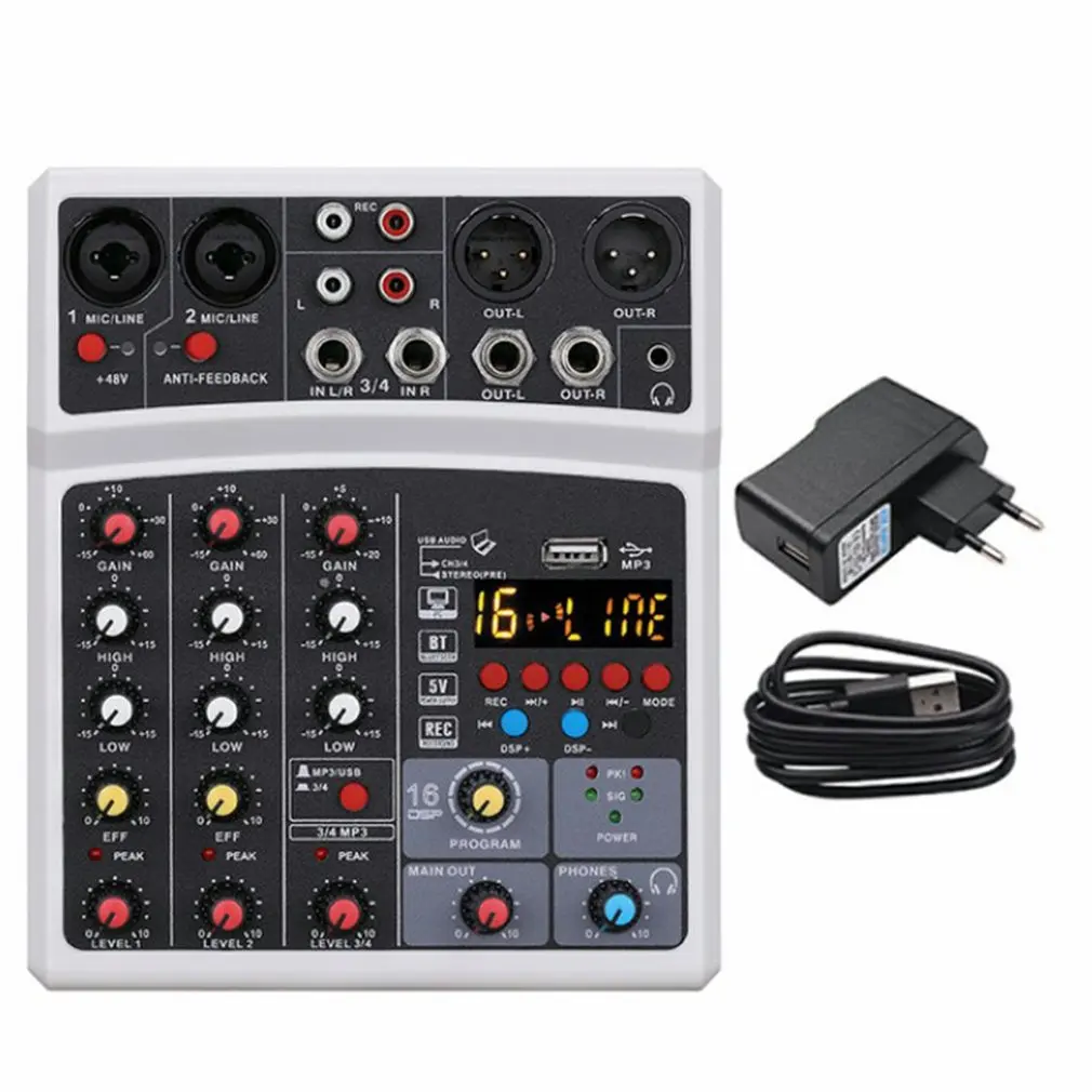 Protable Mini Mixer Audio DJ Konzol 4-csatornás Hanggal Kártya, USB, 48V fantomtáp PC Felvétel Énekel Adás Fél Kép 4
