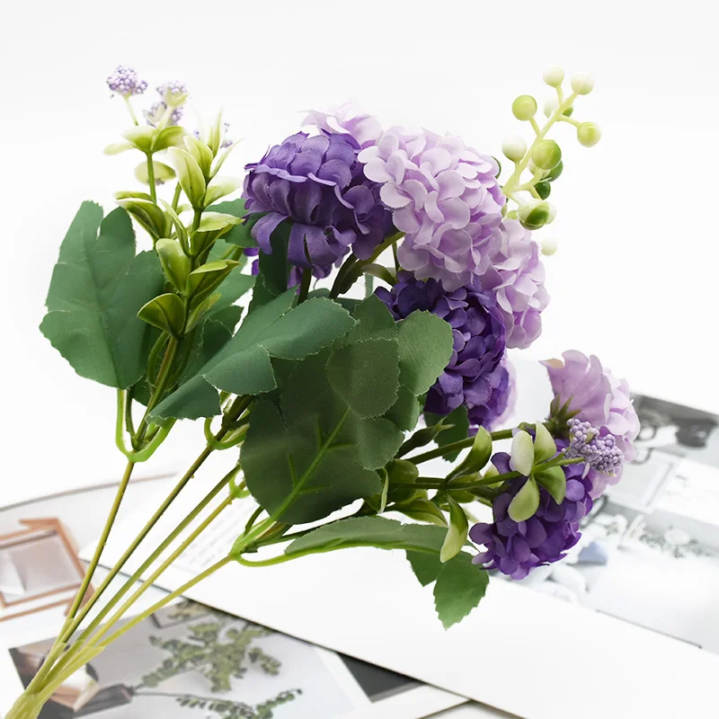 1 Csokor Selyem Hortenzia Mesterséges Virágokat, Otthoni Dekoráció Kiegészítők, Esküvői Dekorációs Hamis Növények Nappali Bútorok Kép 4
