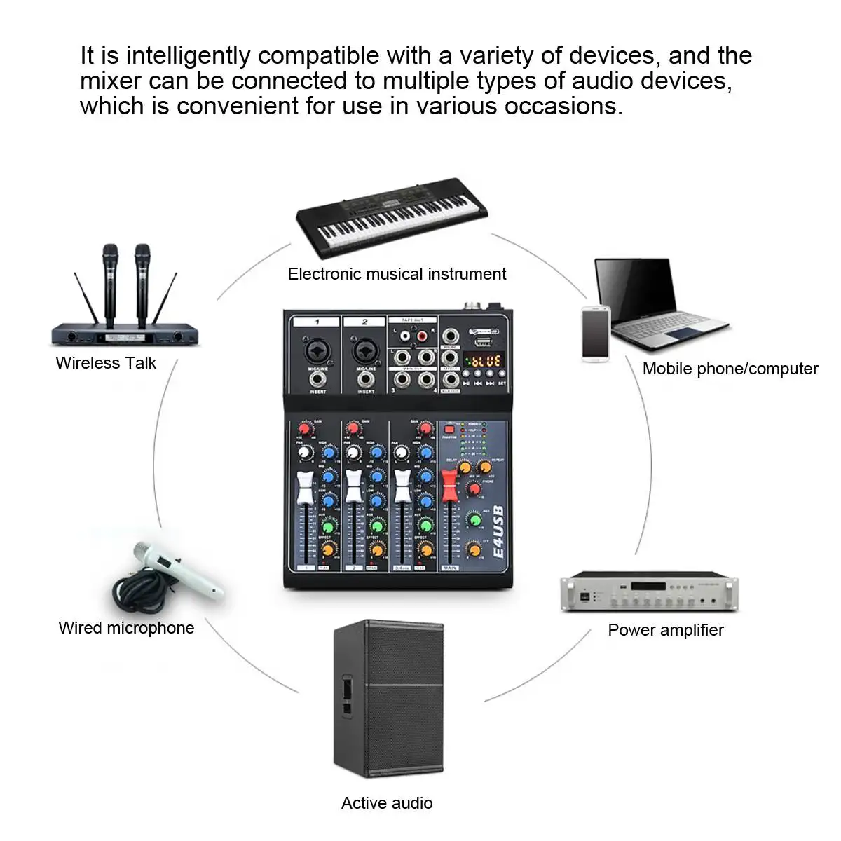 4 Csatorna Profi Stúdió Audio Mixer bluetooth USB DJ Hang keverőpult 48V Fantom Hatáskörök Monitor Erősítő Kép 4