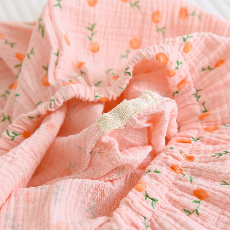 Új tavaszi nyári női pizsama, hosszú ujjú nadrág 100% pamut krepp aranyos kis narancssárga virágos kardigán home service set Kép 5