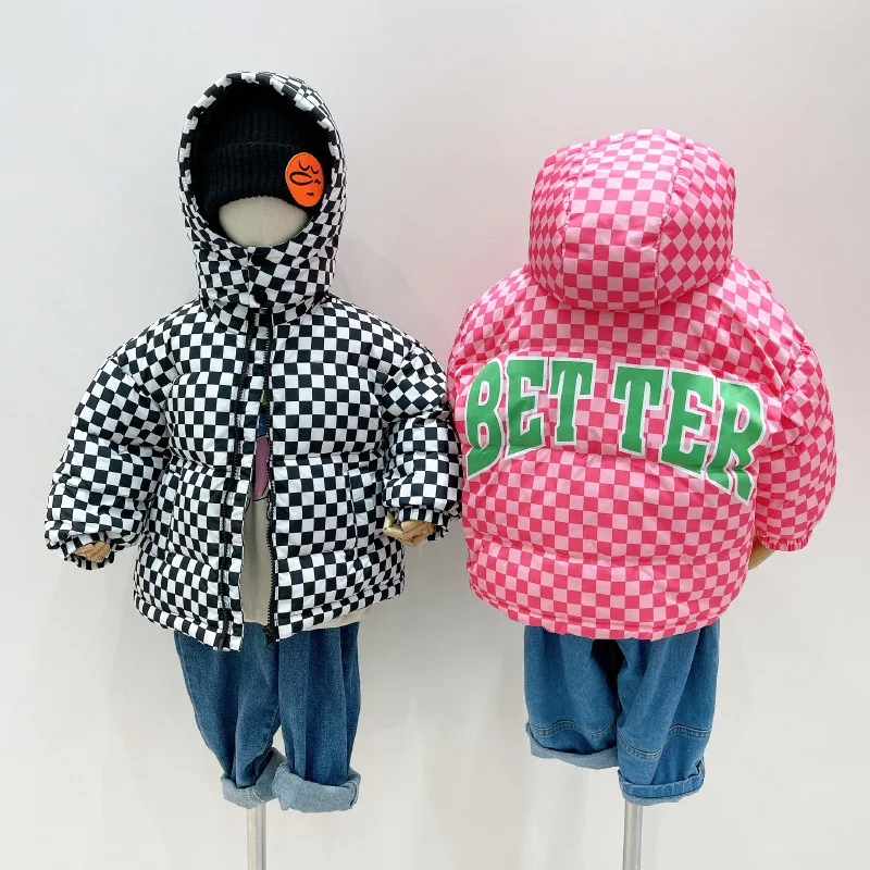 Divat-koreai Stílus Gyermek Kabát Kockás Design Kapucnis Sűrűsödik Meleg Kabát Téli Ruhát a Lányok, mind a Fiúk Kép 5