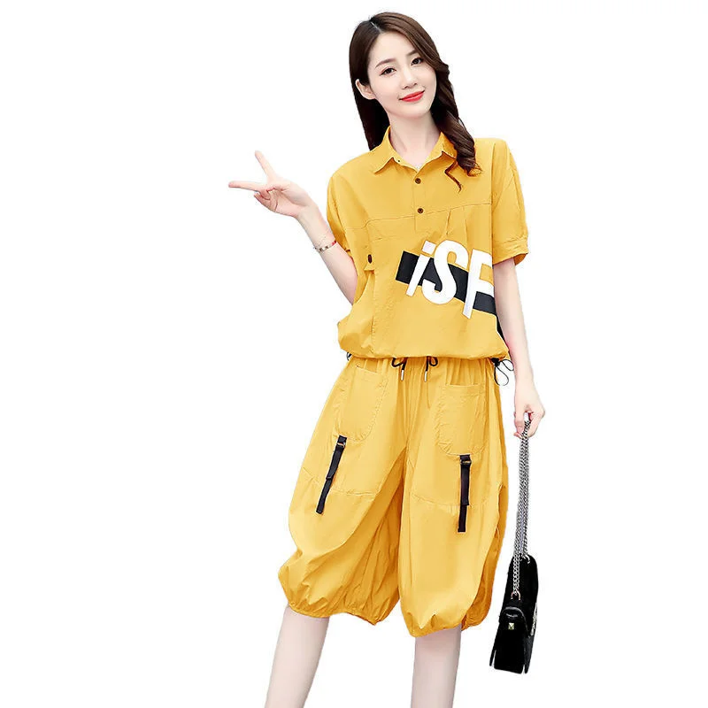 2021 Új Nyári Női Ruhák, Alkalmi póló, Laza Széles Láb Rövidnadrág 2 darabos Készlet, A Nők Plus Size Divat koreai Crop Top Kép 5