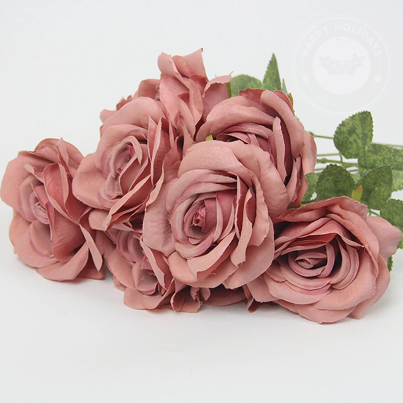 10 Virágok/Csapat Vintage Rózsa Kávé Bab Paszta, Lila, Szürke, Rózsaszín Selyem Csokor Születésnapi Party Esküvői Dekoráció Terem Elrendezése Kép 5