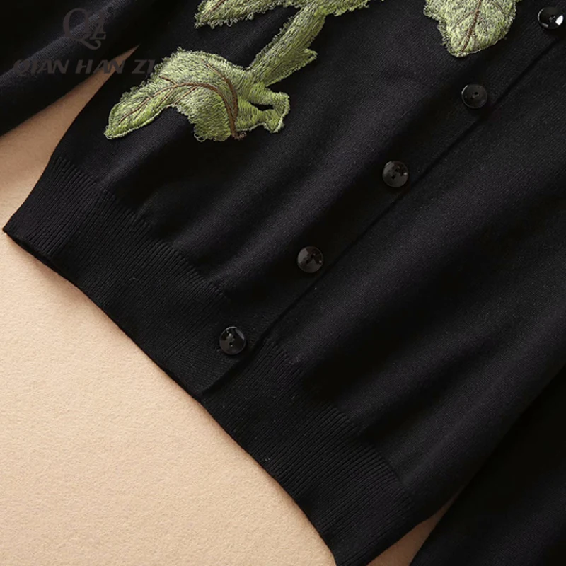 QHZ divat kifutón tavaszi/őszi kötött kabát egysoros napraforgó hímzett applied kötött kardigán, női hosszú ujjú Kép 5