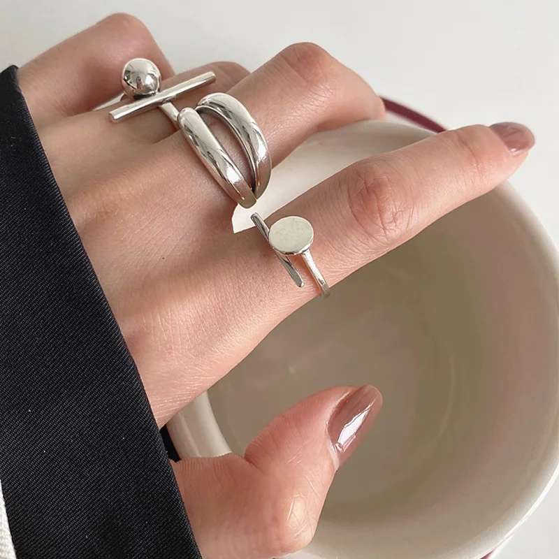 LIVVY Ezüst Színű Nyitott Gyűrűk Egyszerű Kör Kereszt emeletes Gyűrű Állítható Gyűrű Divat Ezüst Ékszerek Fél Kép 5