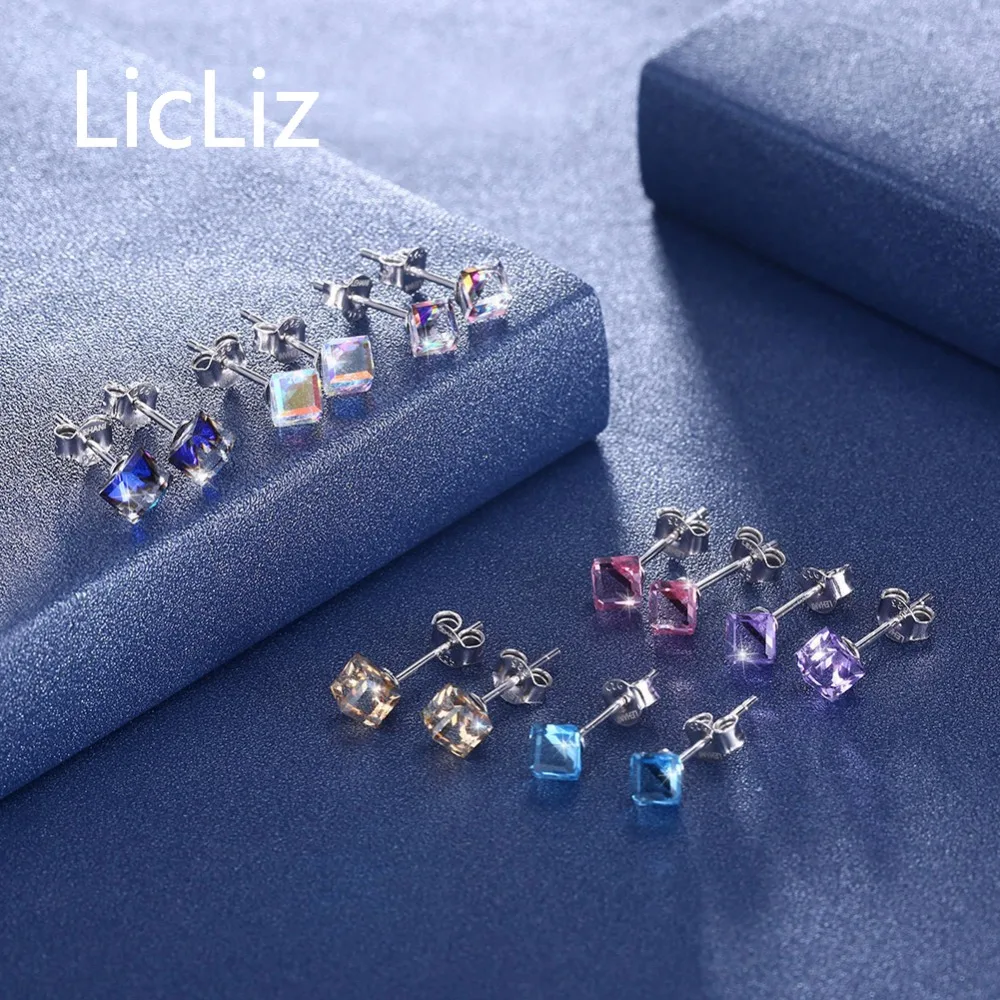 LicLiz 925 Sterling Ezüst Színes Kristály Fülbevaló Női Divat Cube Design Lila, Kék, Rózsaszín Fülbevaló Ékszer LE0453 Kép 5