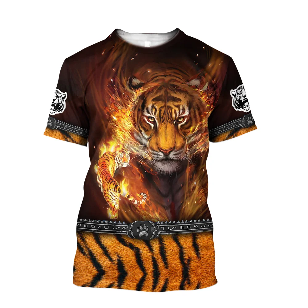 Szabadidő 3D tigris mintás póló/ing, alkalmi O-nyakú férfi rövid ujjú divatos nyári póló dzseki méret Kép 5