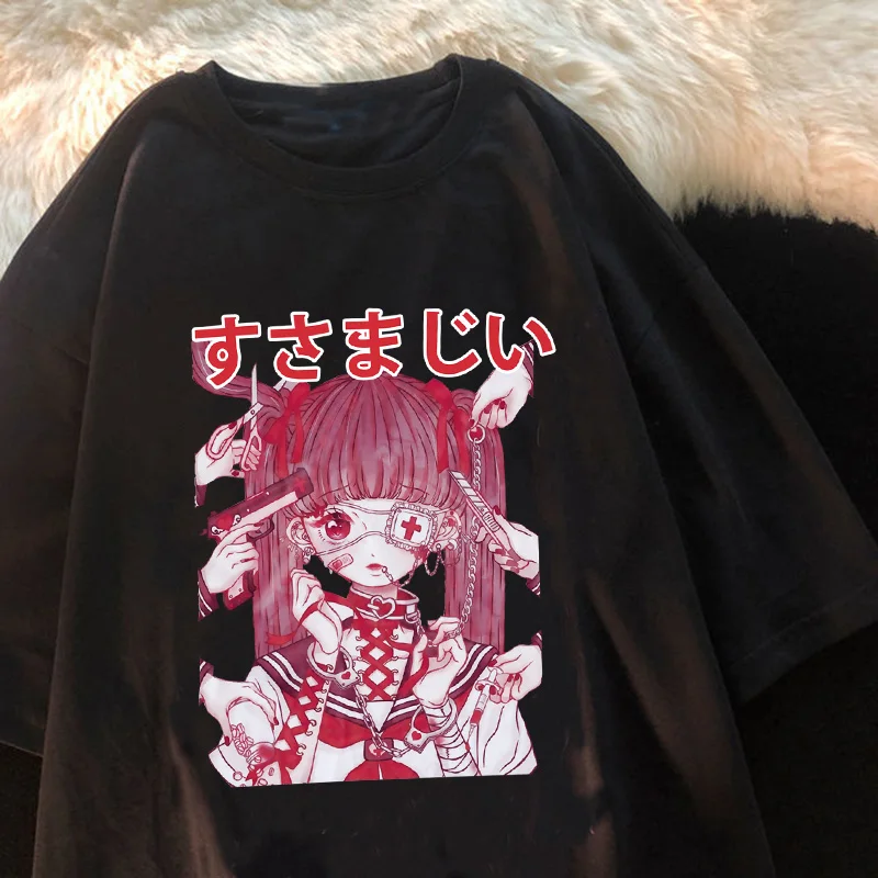 Gót Anime Tshirt Tee Esztétikai Női póló Punk Grunge Streetwear Hölgyek Gótikus Felső Manga Póló Harajuku Ruhát Y2k Női Kép 5