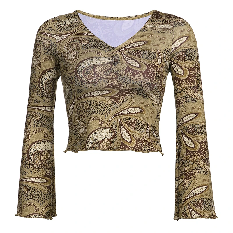 HEYounGIRL V-Nyak Vintage Flare Ujjú Póló Női Őszi Grunge Barna Póló Női ruházat Nyomtatott Alkalmi Elegáns, T-ing Kép 5