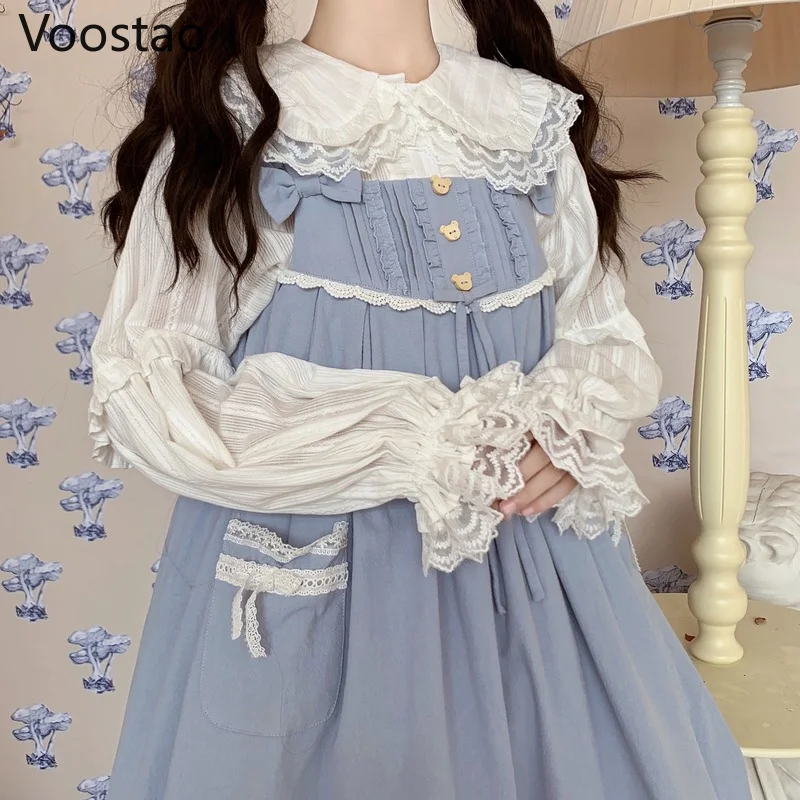 Japán Édes Lolita Stílus Blúzok Aranyos Peter Pan Nyakörv, Csipke Fodros, Hosszú Ujjú JK Pólók Női Kawaii Laza Blusas Mujer Kép 5