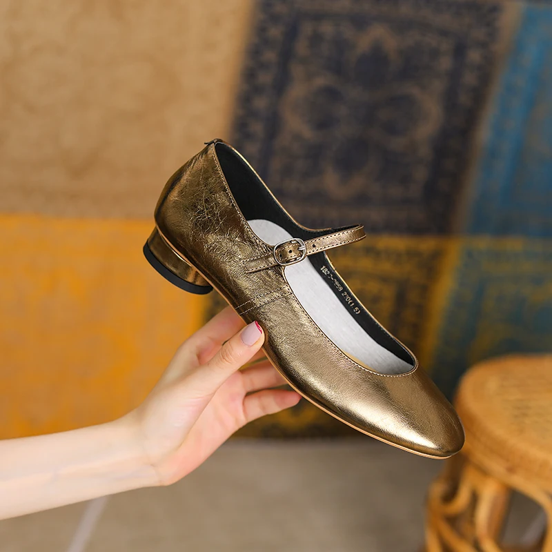2022 új Női szivattyúk Természetes Bőr 22-24.5 cm-es marhabőr felső Szuper puha szögletes orr Mary Jane cipő teljes bőr arany cipő Kép 5