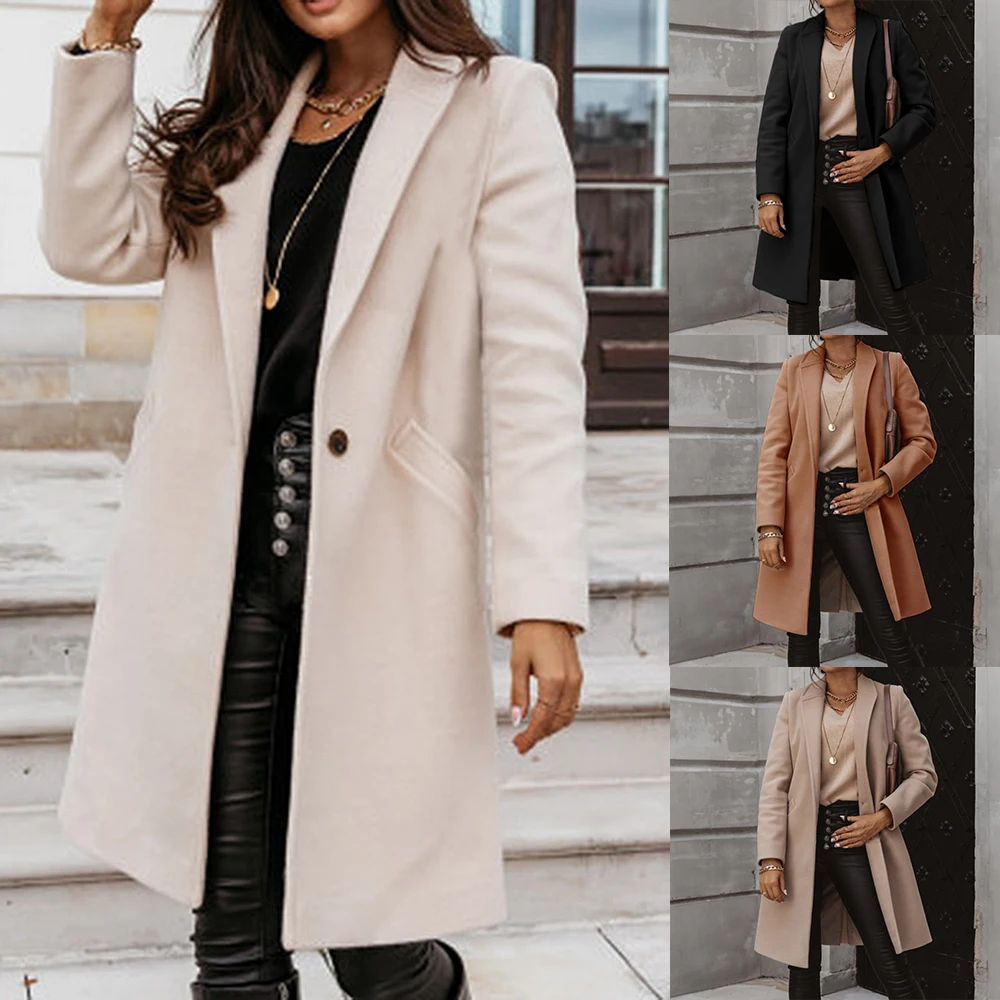 Téli Női Elegáns Gyapjú Keverék Kabát Divat Kapcsolja le a Gallér, Hosszú Kabátok Vintage egysoros Gyapjú Felöltő Outwear Kép 5