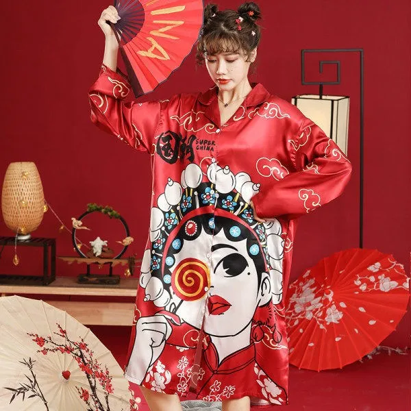 Plus Size Nők Hálóingre Hálóruházat Újdonság Nyomtatás Hálóing Kínai Stílusú Hálóruha Alkalmi Kimonó Fürdőköpeny Ruha Laza Homewear Kép 5