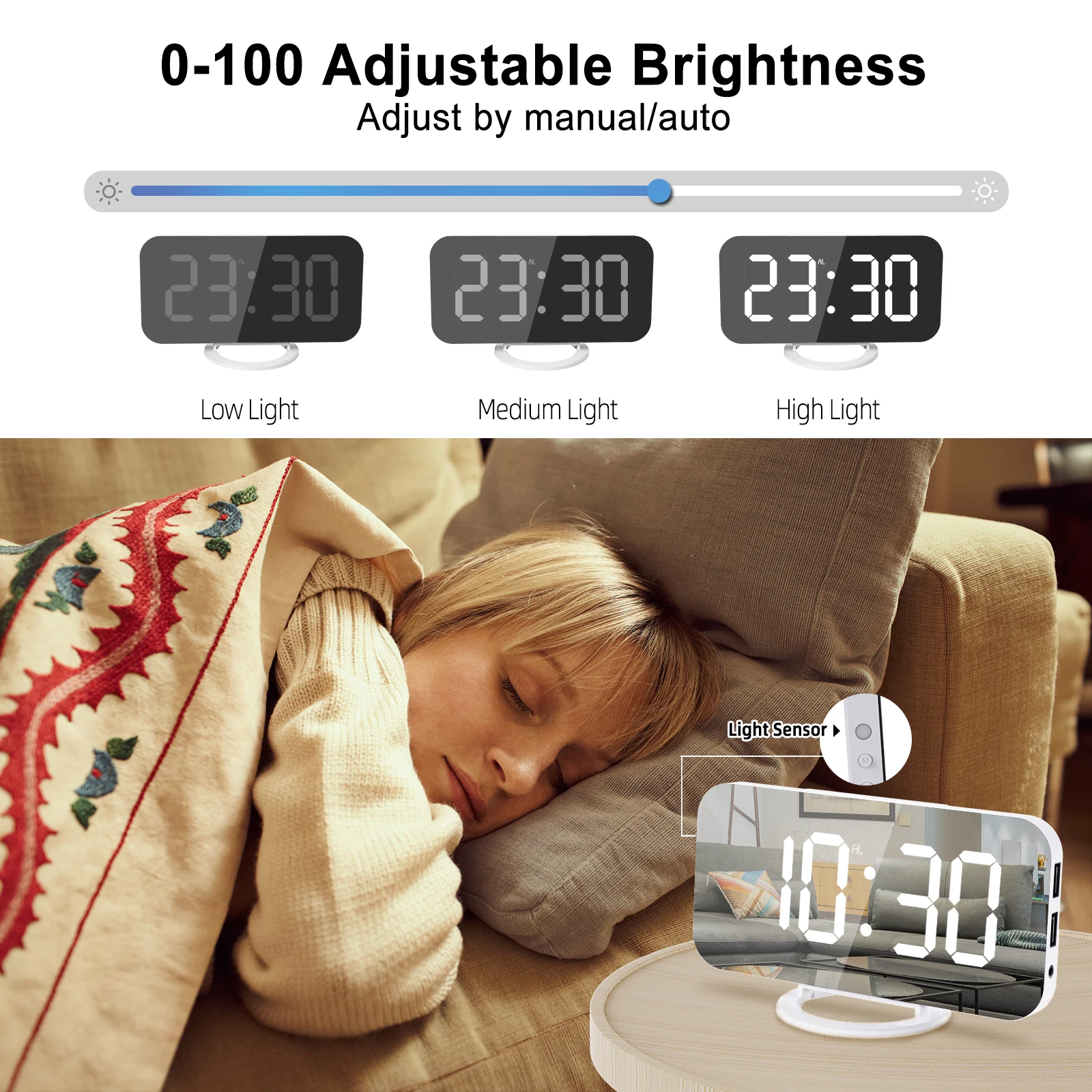 MICLOCK Új Digitális Ébresztőóra Vibrációs Emlékeztető Éjszakai Fény Nagy LED Tükör-Elektronikus Óra a Szundi USB Töltés Íróasztal Kép 5