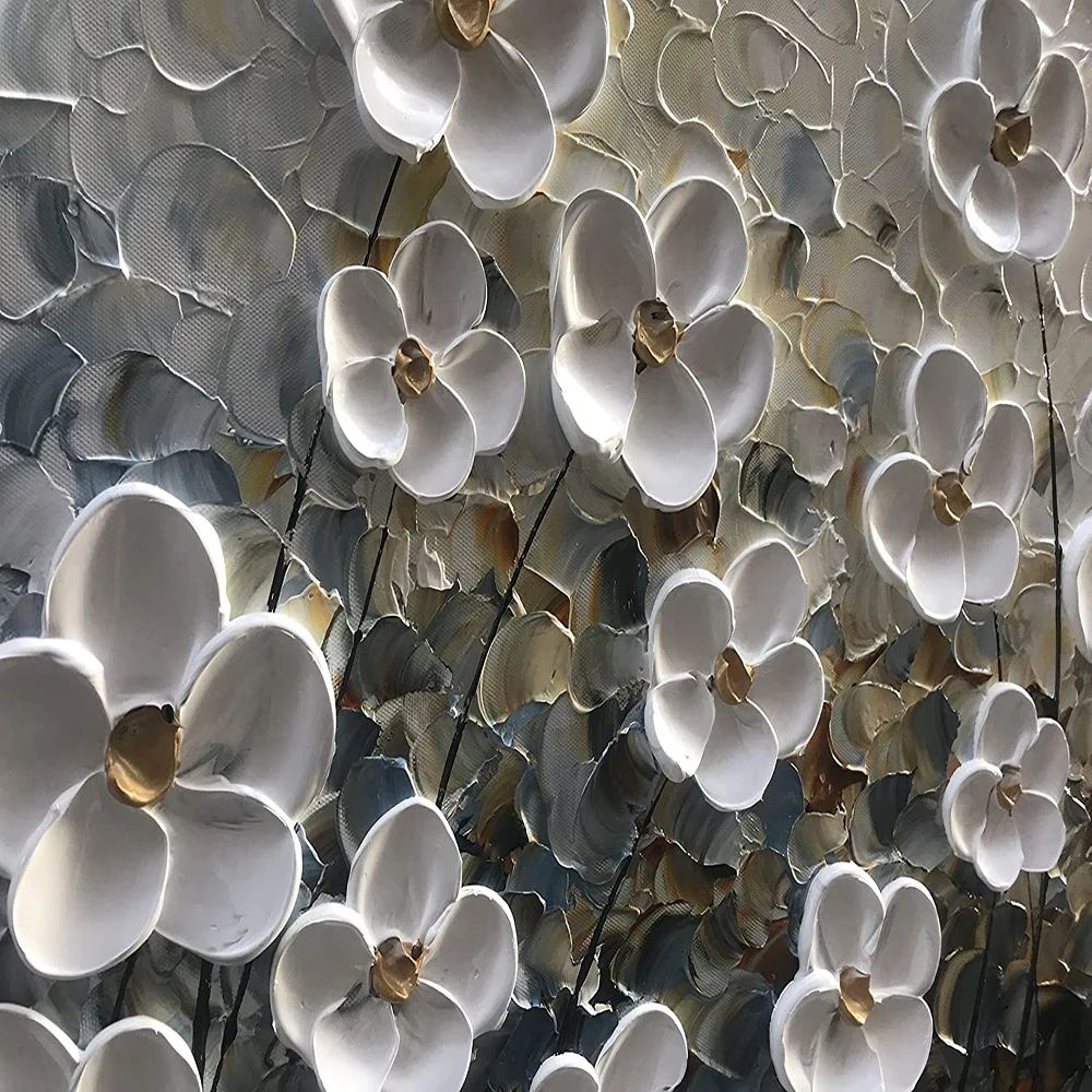 Kézzel Festett 3D olajfestmény, Vászon, Fehér Virágok, Modern Vászon Virágos Fal Művészet, Absztrakt Festmény, Kézzel készített Artwork lakberendezés Kép 5