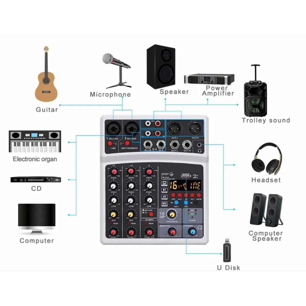 Protable Mini Mixer Audio DJ Konzol 4-csatornás Hanggal Kártya, USB, 48V fantomtáp PC Felvétel Énekel Adás Fél Kép 5
