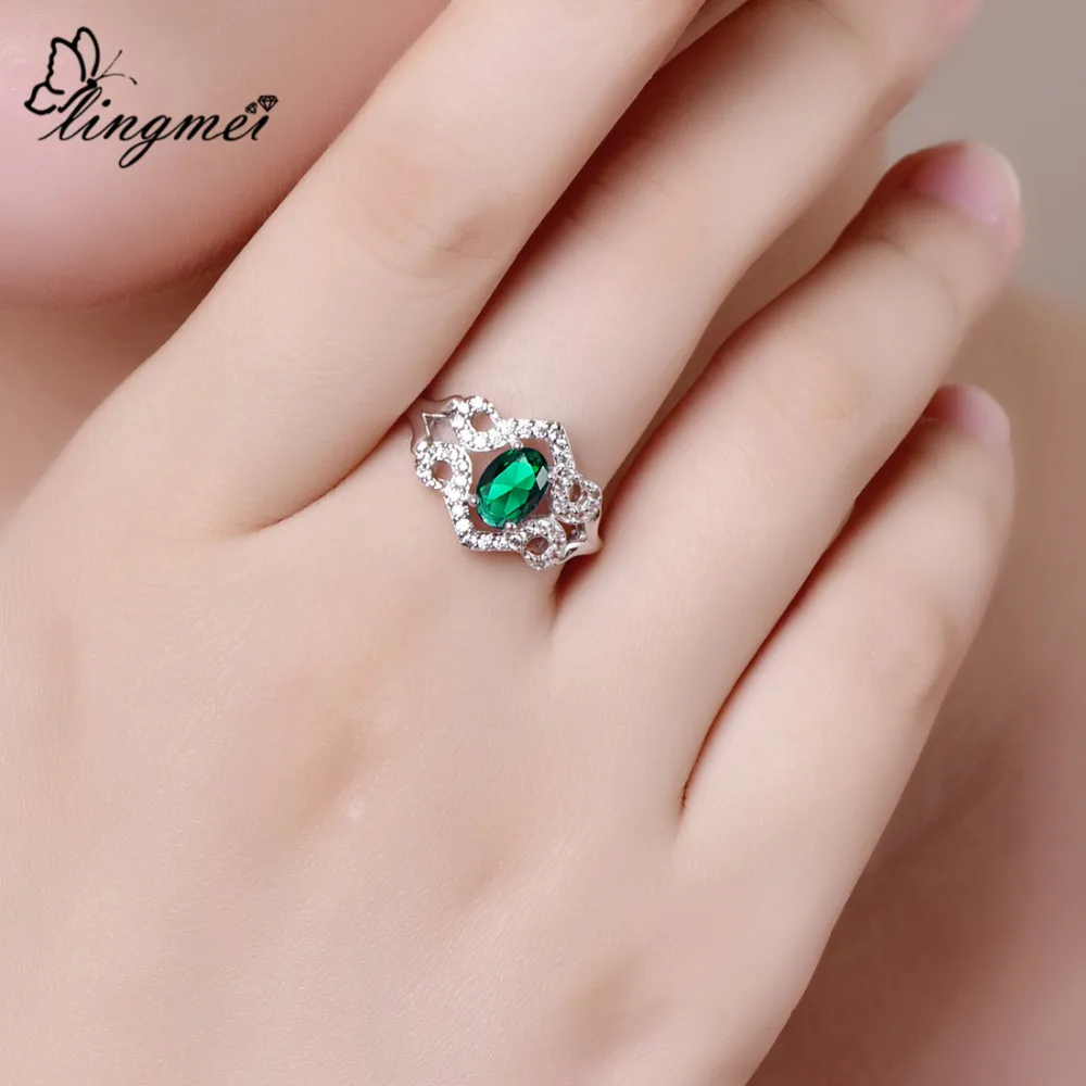 Lingmei Új Luxus, Gyönyörű Ajándék, Ékszer, Ovális Vágott Green & Blue & Fehér Aranyozott Gyűrű Ezüst Színű Ékszert A Nők Méret 6-9 Kép 5