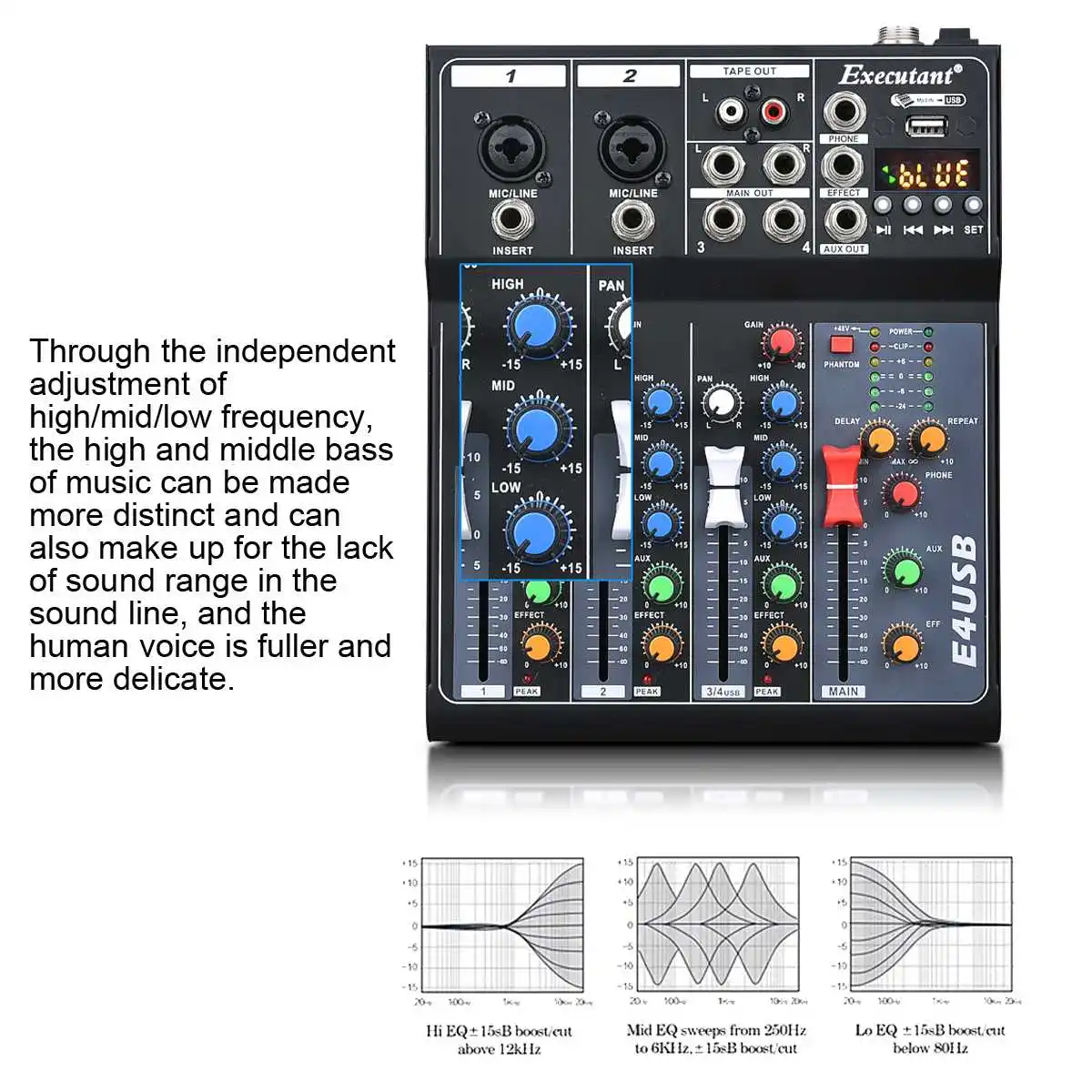 4 Csatorna Profi Stúdió Audio Mixer bluetooth USB DJ Hang keverőpult 48V Fantom Hatáskörök Monitor Erősítő Kép 5