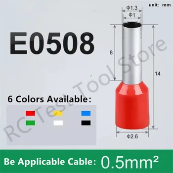 100/Csomag E0508 Szigetelt Ferrules Terminál Blokk Kábel Végén Vezeték 22AWG Csatlakozó Elektromos Hullám Terminátor 0.5mm2