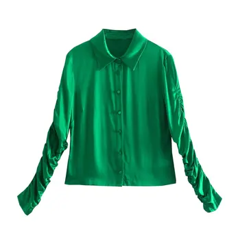 2021 Za Női Ruched Puff Ujjú Zöld Póló Nő Vintage Felszerelt Blúz Gomb Vékony Felső Elegáns Feminino Elegáns Szatén Ing 2