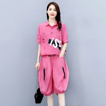 2021 Új Nyári Női Ruhák, Alkalmi póló, Laza Széles Láb Rövidnadrág 2 darabos Készlet, A Nők Plus Size Divat koreai Crop Top 1