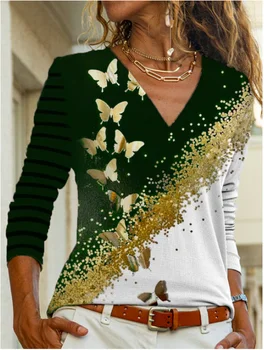 A nő Tshirts Divat Vintage Hosszú Ujjú Íj Nyomtatás Grafikus póló Szexi, Slim Fit V-nyakú Felsők Harajuku a Nők Ruha a Plus Size 2