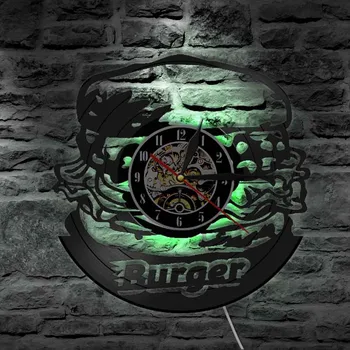 Burger falióra gyorsétterem Bakelit lemez falióra Modern Dseign Burger Üzlet Dekoráció 3D-s LED Lámpa Új Áruház Megnyitását Ajándék klok 2