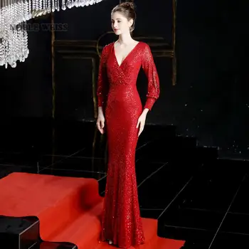 báli ruhák 2021 piros hableány rugalmas party ruha szexi vestidos de gála v-nyakú, hosszú prom ruha hosszú ujjú 1