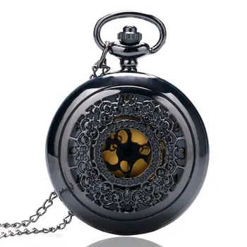 Charm Fekete Vintage Steampunk Elgent Hűtőrácsokat Esetben Quartz zsebóra Női Nyaklánc Medál Lánccal Reloj De Bolsillo P240 1
