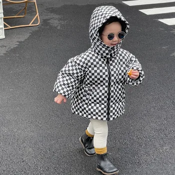 Divat-koreai Stílus Gyermek Kabát Kockás Design Kapucnis Sűrűsödik Meleg Kabát Téli Ruhát a Lányok, mind a Fiúk 2