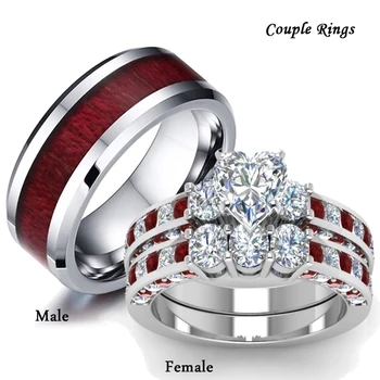 Divat Pár Gyűrűk Nők Szíve Fehér Piros Kristály CZ Gyűrű Szett, Vörös Fa Betét nemesacél Férfi Gyűrű jegygyűrű Ékszer