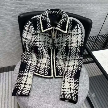 Fekete Fehér Kockás Tweed dzsekis 2021 Kora Ősszel Designer Kabát Női Kapcsolja le a Gallér Cipzár, Magas Derék Tweed Kabát 1
