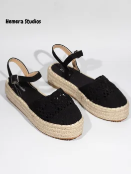 Hemera Studios szandál Horgolt platform lapos eszpartófűből készítették-e espadrilles nők 2021 nyári Többszínű lace-up lapos cipő 2
