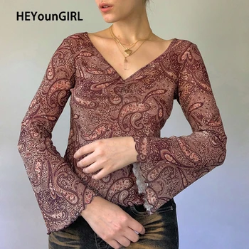 HEYounGIRL V-Nyak Vintage Flare Ujjú Póló Női Őszi Grunge Barna Póló Női ruházat Nyomtatott Alkalmi Elegáns, T-ing 1