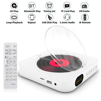Hordozható CD-Lejátszó Bluetooth Hangszóró Sztereó CD-lejátszó LED Képernyő Falra Szerelhető CD zenelejátszó IR Távirányító, FM Rádió