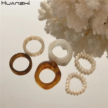 HUANZHI 2020 Új koreai Trendi Átlátszó Geometria Gyanta 3pcs/set Gyöngy Gyöngy Gyűrű a Nők, Lányok Egyszerű Ékszerek, Ajándékok