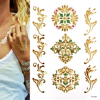 Ideiglenes Bohém Fémes Henna Tetoválás - Több mint 120 Mandala Mehndi Minták Arany, Ezüst (1 Lap) 1