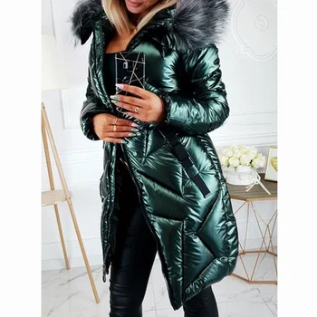 Kabát Női 2021 Téli Faux Prémes Kapucnis Cipzáras Egyenesen Közepes Hosszúságú Bélelt Kabátok, Alkalmi Streetwear divat Női Kabát 1