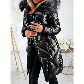Kabát Női 2021 Téli Faux Prémes Kapucnis Cipzáras Egyenesen Közepes Hosszúságú Bélelt Kabátok, Alkalmi Streetwear divat Női Kabát 2