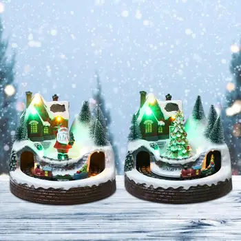 Karácsonyi Falu Figurák LED Kis Zene Vonat Karácsonyi Falusi Ház Luminous Landscape Asztali Dísz lakberendezés 2