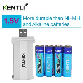 KENTLI 4db alacsony önkisülés 1,5 v 3000mWh AA újratölthető Li-polimer li-ion polimer, lítium akkumulátor +1 USB-intelligens Töltő 2