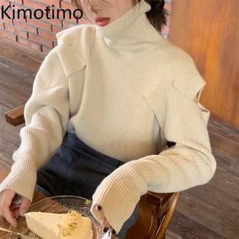 Kimotimo Le-váll Pulóver Nők koreai Ins Design Garbós Kötött Mélypont Pulóver Őszi Téli Minden mérkőzés Hosszú Ujjú Felső