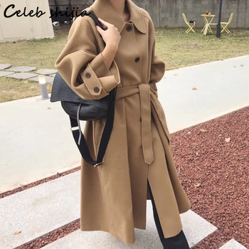 Koreai Khaki Gyapjú Kabát Női Téli 2021 Csipke Laza Vintage Keverékek Kabátok Női Őszi Utcai Elegáns Ruházat 2