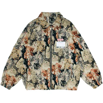 LACIBLE Cipzár Baseball Dzseki Kabát Férfi Hip-Hop Harajuku Streetwear Macska Teljes Nyomtatási Vintage Kabát Egyetemi Kabát Őszi Outwear 1